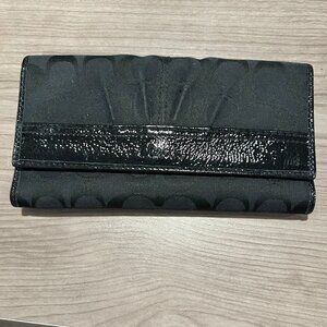 Women's Coach Wallet - Long Flap Style with Snap Closure - Black Logo Material